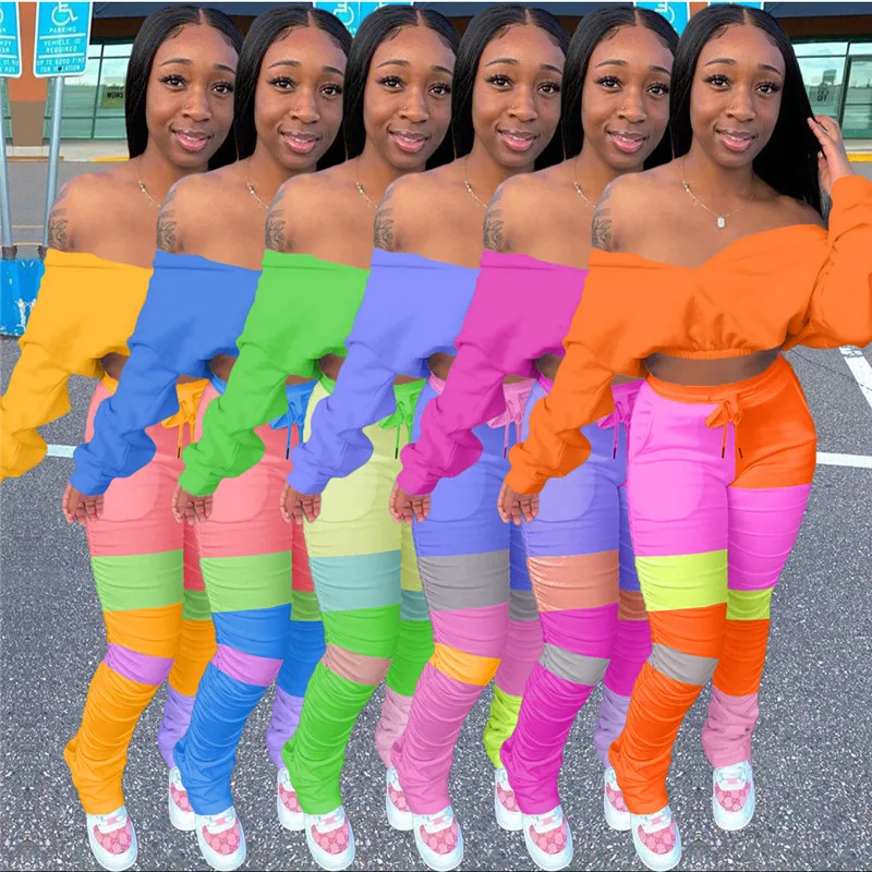 

Женский повседневный комплект одежды, весенний однотонный укороченный топ с длинным рукавом и открытыми плечами и плиссированные брюки ко...