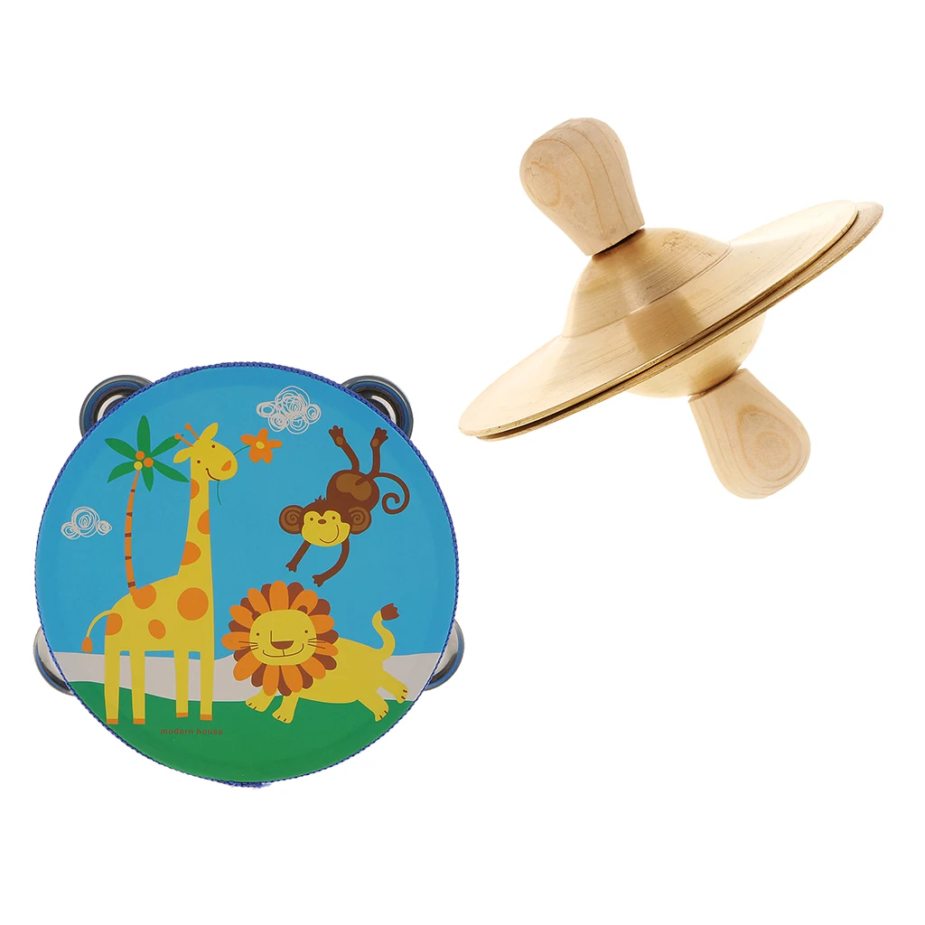 6inch Tambourine Wooden Drum Head with Cymbal Kids Music Learning Toy |