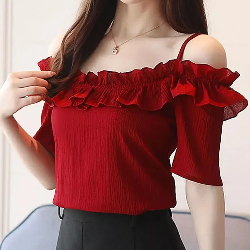 

2020 women fashion new loose wild ruffled chiffon shirt short-sleeved female summer word collar strapless straps shirt