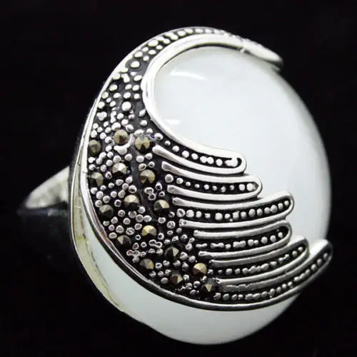 

25mm VINTAGE NATURAL WHITE OPALS 925 SILVER MARCASITE RING SIZE 7/8/9/10