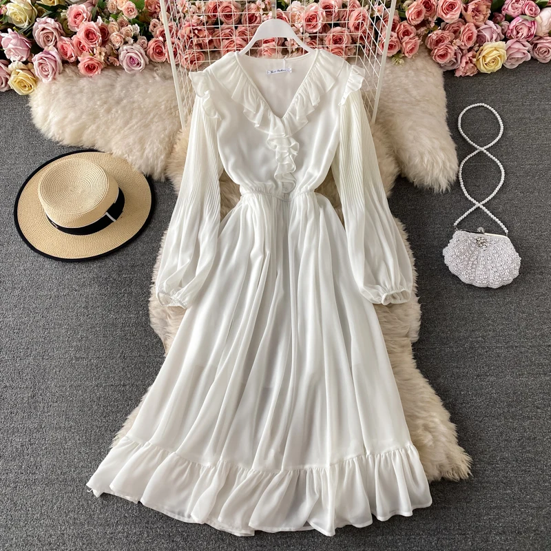 

2021 spring new Korean retro temperament lotus leaf pleated lantern sleeves waist slim long-sleeved dress for women #1110