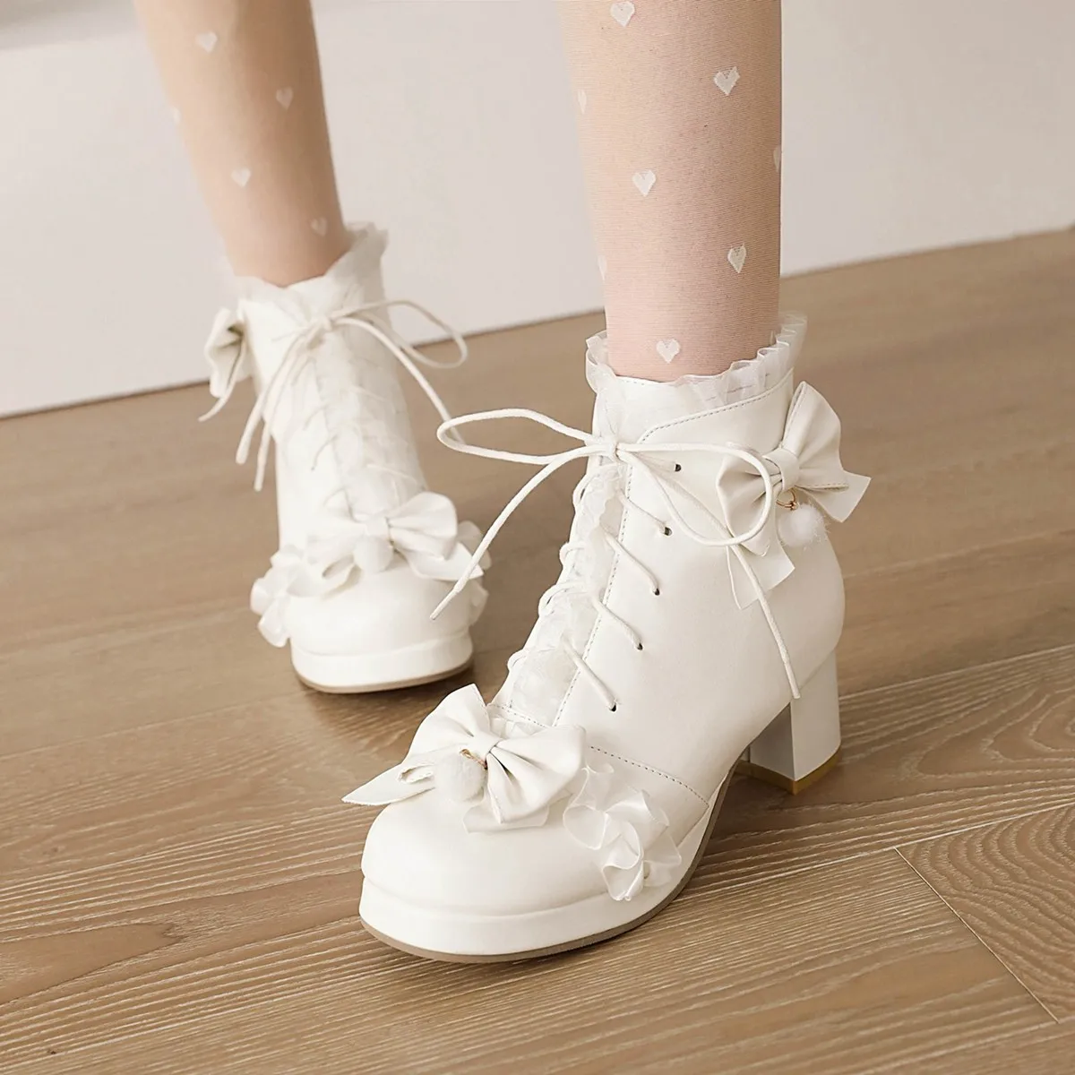 

Preppy Style Chunky Heels Lolita Shoes Butterfly-knot Women Cosplay Princess Ankle Boots Winter Autumn Pink White Black Size 47