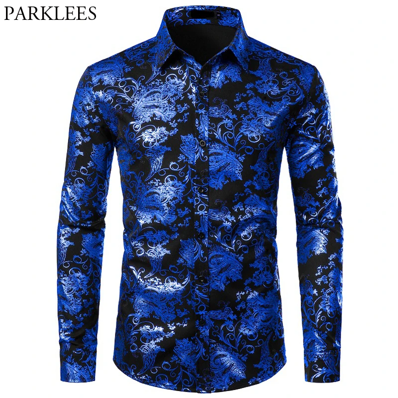 Purple Mens Floral Bronzing Shirt Men Shiny Flower Men Shirt Luxury Fashion Party Mens Dress Shirts Casual Club Camisa Masculina