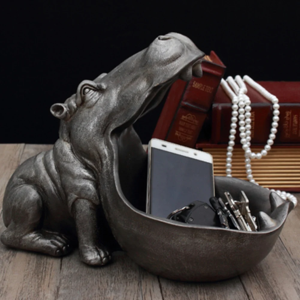 

Resin Hippo Statue Sculpture Figurine Sundries Key Phone Storage Holder Art Craft Ornaments Home Decoration Table Accessories