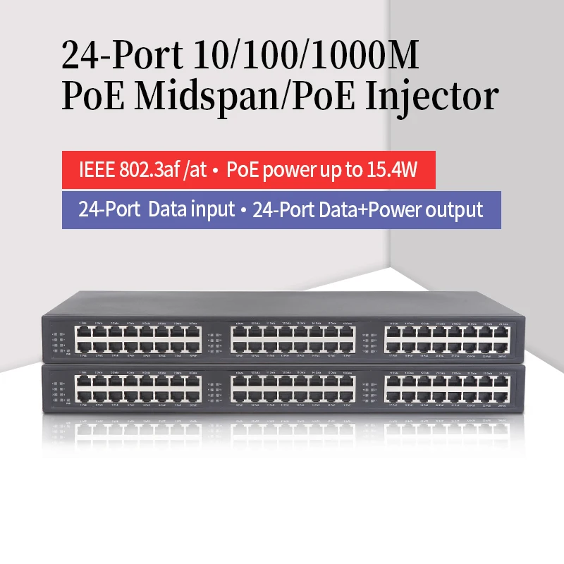 PJ124G  24-Port Gigabit Poe Injector 10/100/1000M RJ45 Input, 24-Port PoE Output with IEEE802.3af/at, PoE Midspan