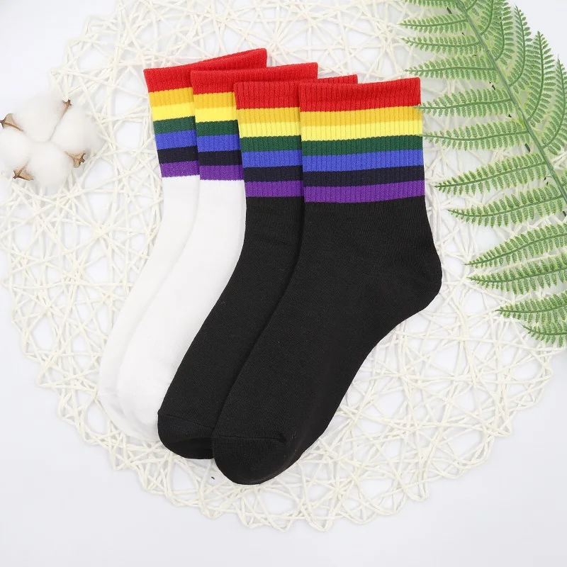 2 pairs 2 пары, женские модные носки с радугой, зимние женские носки, хлопковые носки с радужными полосками, модные теплые Повседневные носки для девочек в стиле Харадзюку - Color: 2 pairs