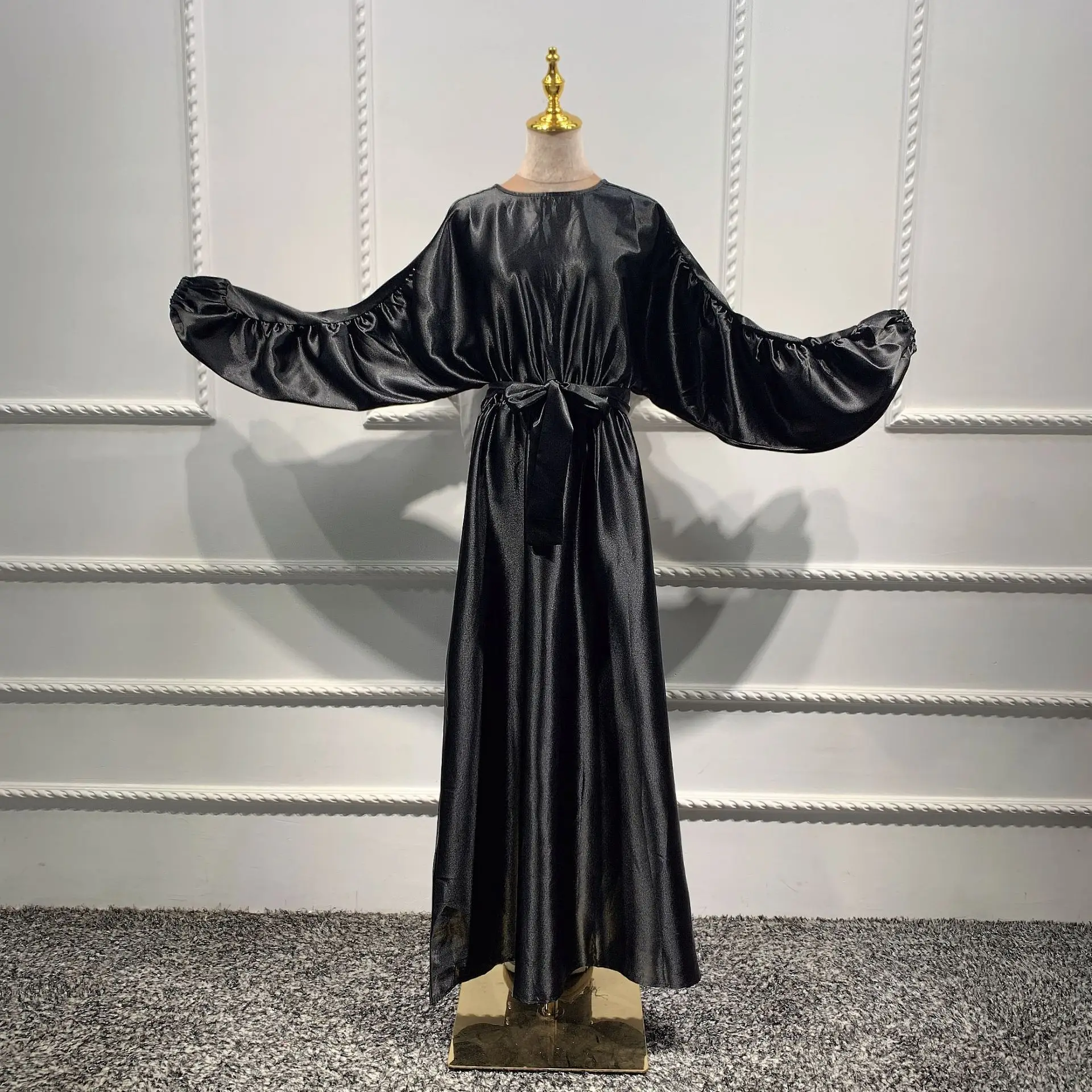 

Mandylandy Muslim Fashion Lantern Sleeve O-Neck High Waist Dress Women's Casual Solid Color Loose Dubai Robe