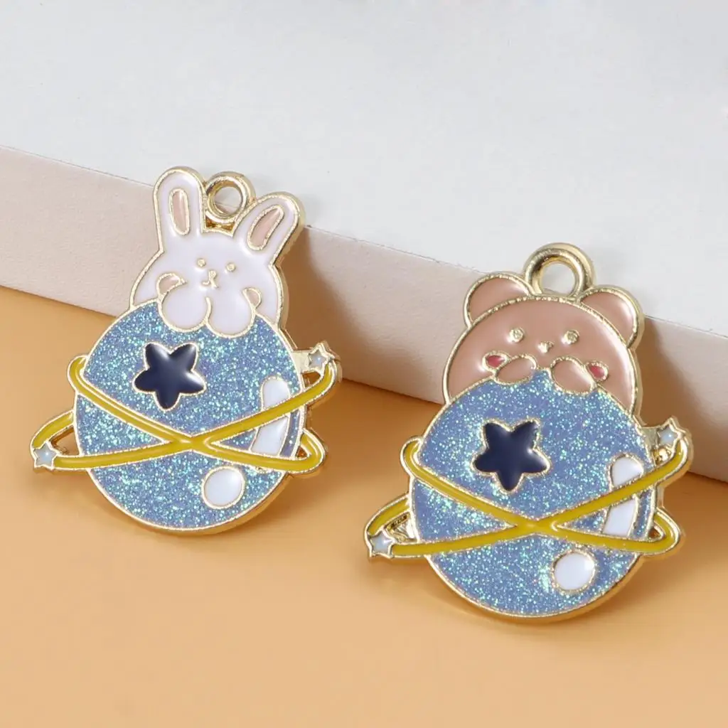 

5 PCs Galaxy Charms Planet With Bear Rabbit Animal Gold Plated Multicolor Enamel Charm Pendants For Bracelets DIY Jewelry Making