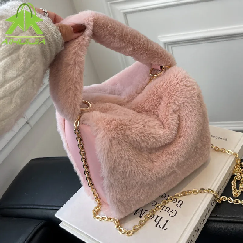 

Модные сумки через плечо с цепочкой для женщин 2021 новые мягкие плюшевые женские повседневные сумки через плечо дизайнерские маленькие женс...