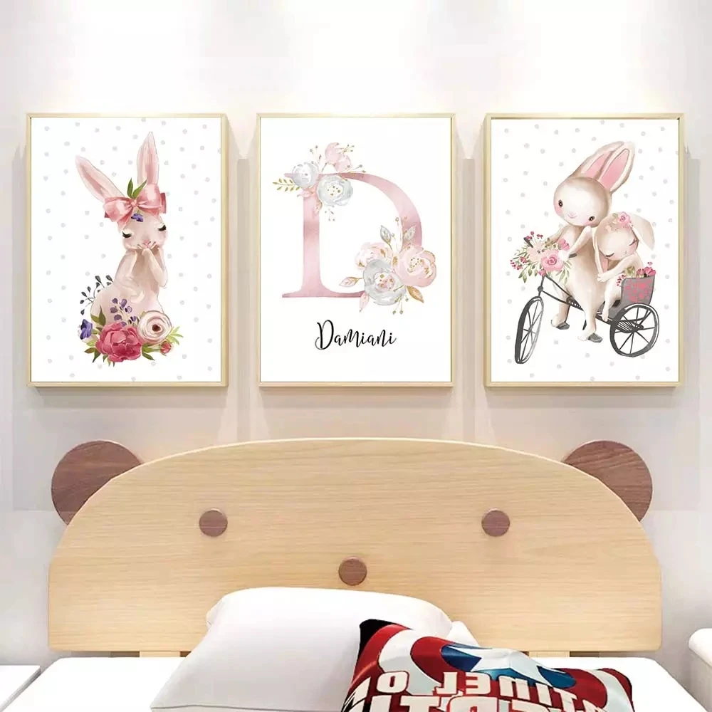 

Baby Posters Personalized Girl's Name Custom Lovely Animal Painting Canvas Print Wall Pictures for Kids Bedroom Nursery Decor