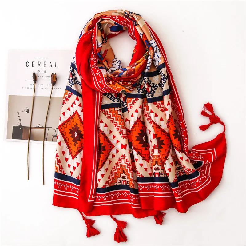 Весенний теплый женский большой хиджаб шарф с узором Тотем Этническая длинная