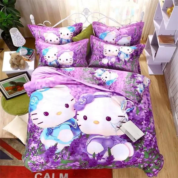 as picture Лучший. WENSD роскошный 3d постельное белье из хлопка с рисунком «hello kitty» 3/4 шт., простыня, пододеяльник, со шнурком, комплекты «king», «queen» Детская мультяшная одежда - Цвет: as picture