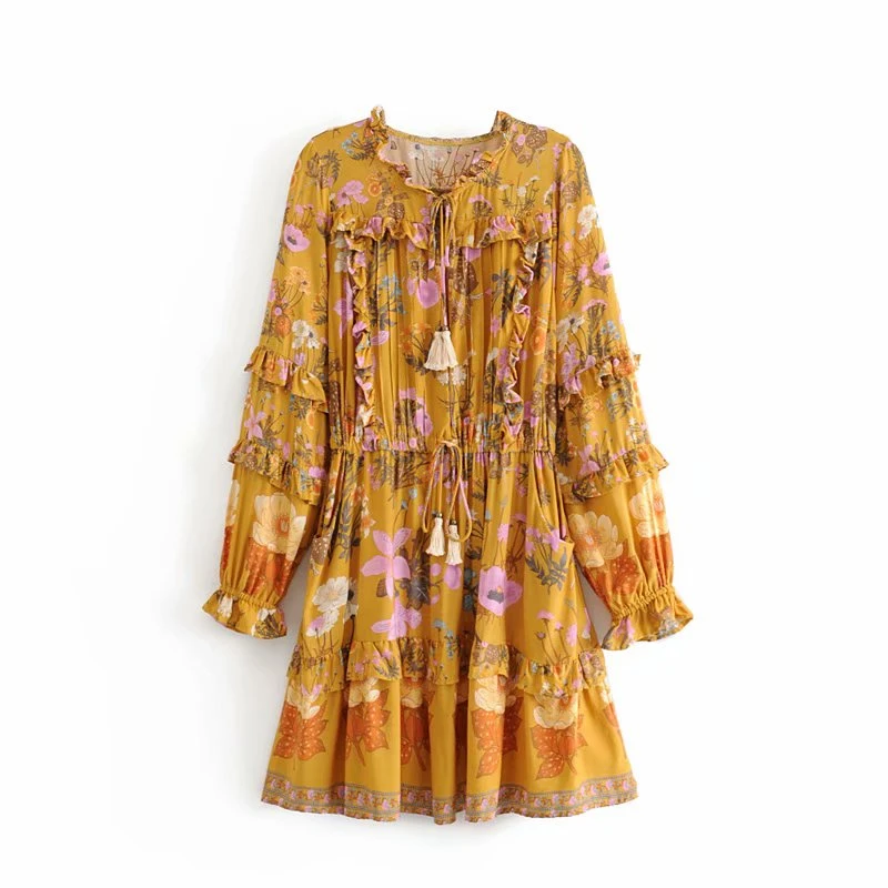 Boho королев для женщин с цветочным принтом Длинные рукава пляжное богемное платье