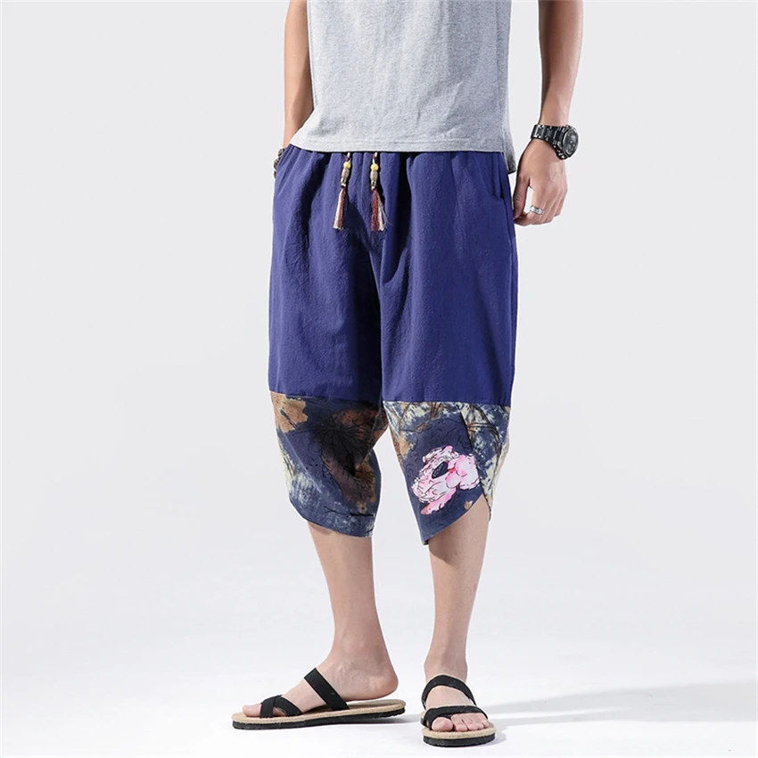

Harem Pants Men Japanese Pants Clothing Summer Cotton Flax Loose Cropped Trousers Floral Print Fashion Trend Harajuku Streetwear