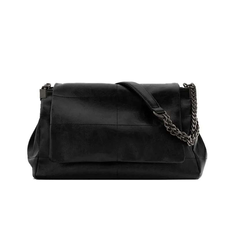 

[EAM] Women New Elegant Black Chains Soft PU Leather Flap Personality All-match Crossbody Shoulder Bag Fashion Tide 2021 18A2225