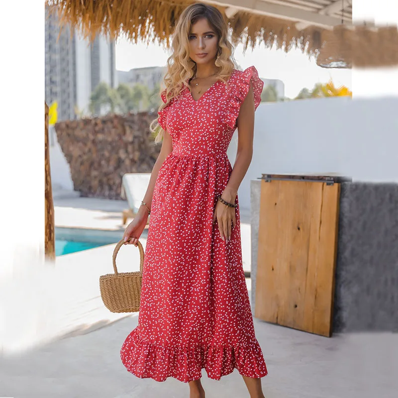 Элегантное Длинное платье в горошек женское с рукавами лепестками праздничное V