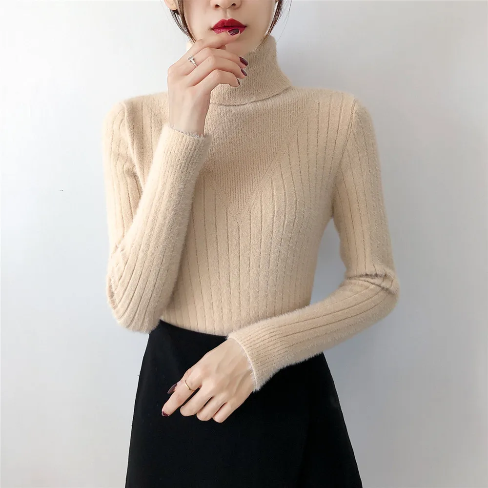 

Women's Sweaters Winter Thick Solid Color Turtleneck Knitted Pullovers Female Mink Cashmere Sweater Ladies Knitting Tops W1748