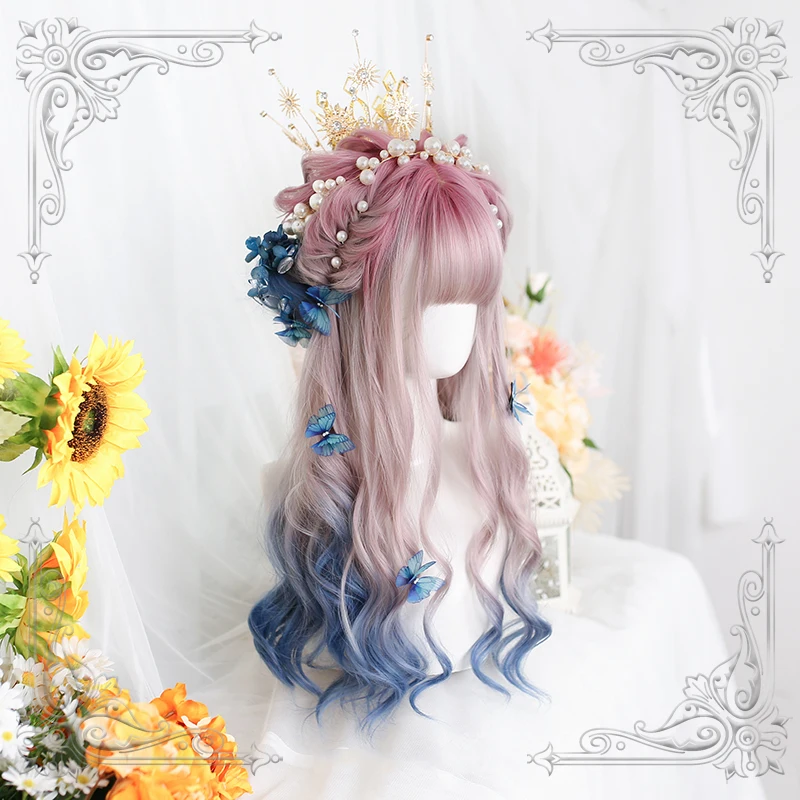 

Female Pink Blue Gradual Change Long Wavy Curly Bangs Wig Women Wigs Lolita Cosplay Party