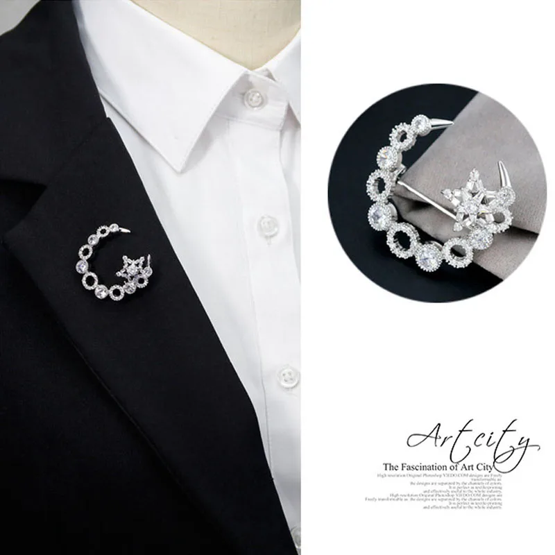Модные сверкающие фианиты AAA звезда и лунная брошь булавки металлические