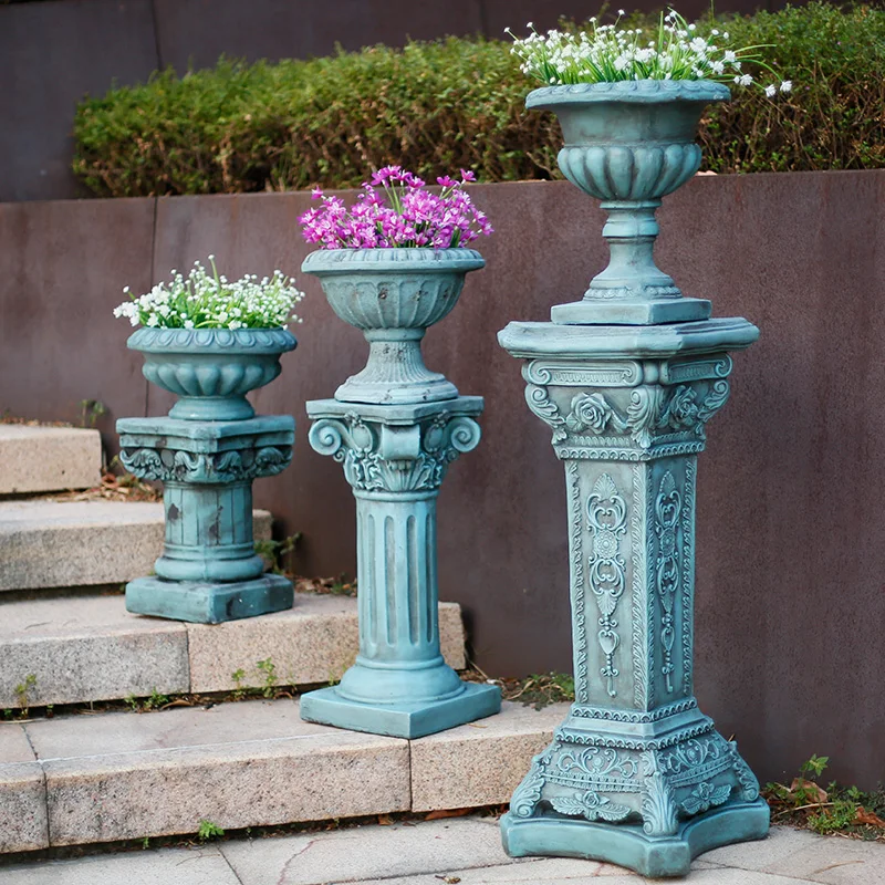 European Retro Distressed Roman Column Goblet Vases Flowerpots Cement Accessories Courtyard Landscape Garden Furnishing Decor