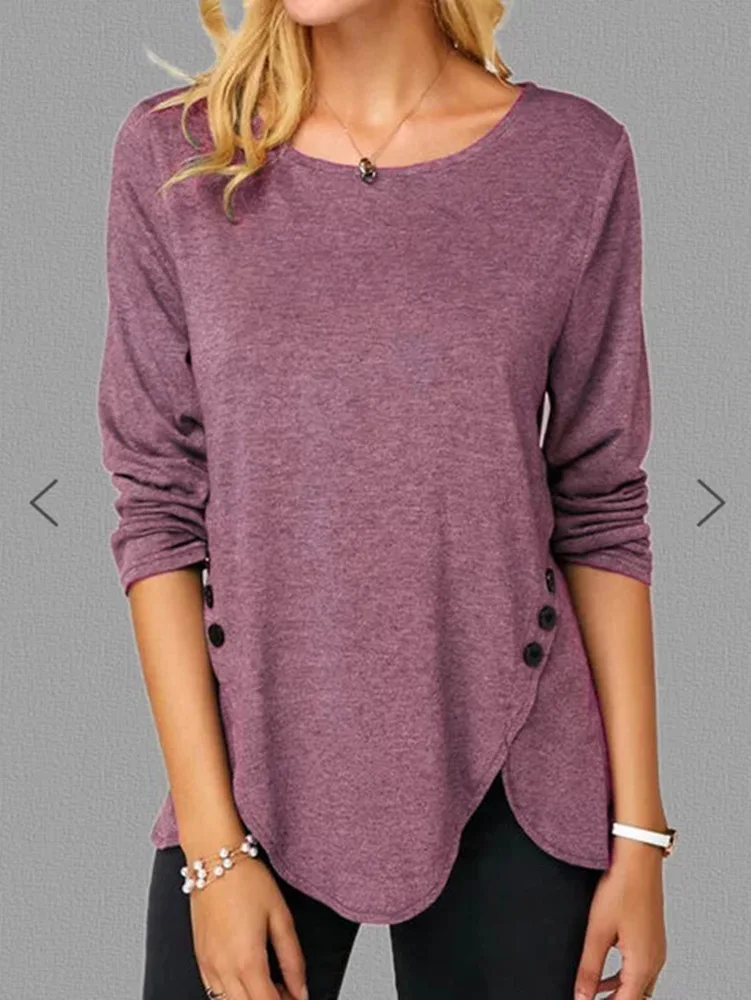

Autumn and winter explosion models solid color irregular hem long sleeve round neck T-shirt women