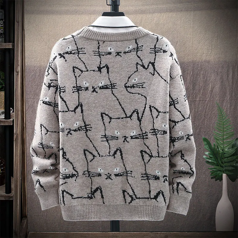 

2021 Spring Men Casual New Sweaters Cute Cat Pattern Trendy Slim Sweaters Mens O-neck Long Sleeve Woolen Warm Pullovers