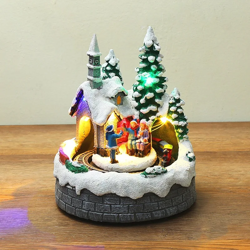 

Revolving train Color LED Light Christmas Snow Small Train Village House Luminous music Resin Ornament christmas decor navidad