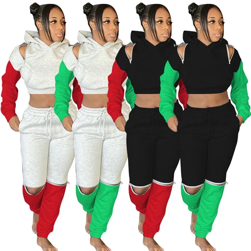

Two Piece Set Women Fall Clothes Sweatsuit Patchwork Zip Outfit Hooded Crop Top SweatPants Matching Set Wholesale Dropshipping