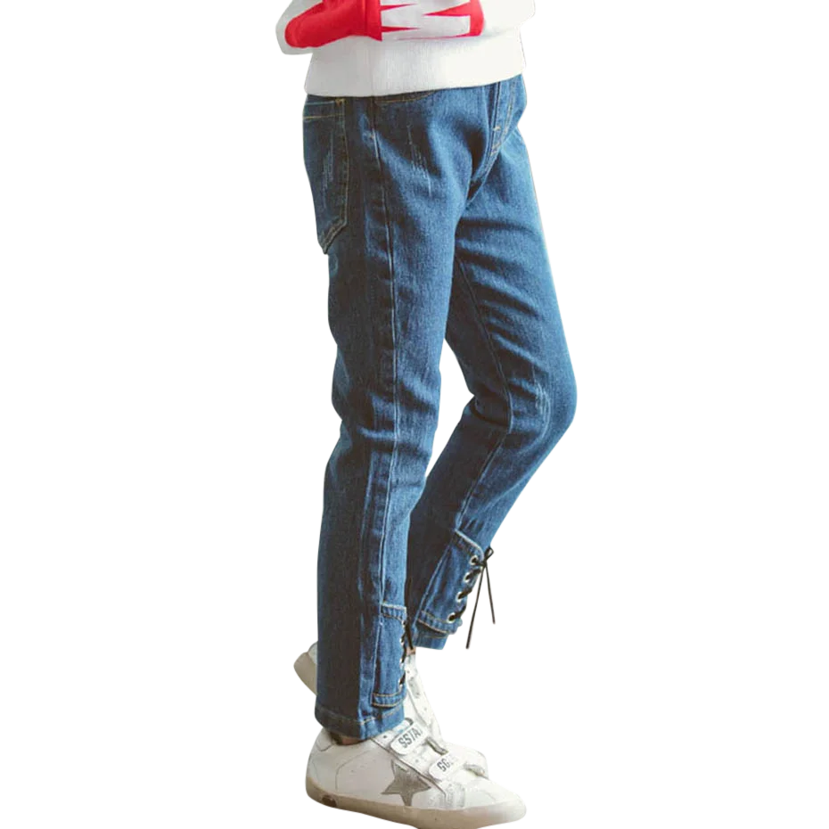 Джинсы для девочек модные джинсы в стиле пэчворк с бантом на завязках детей