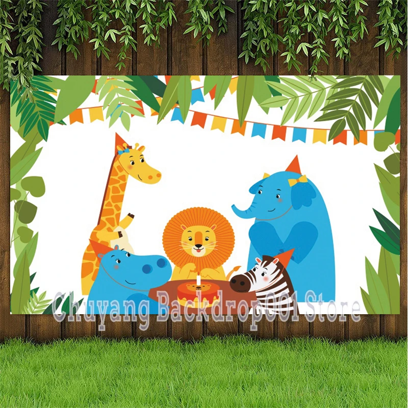 

Cartoons Giraffe Tropical Forest Happy Birthday Cake Table Decor Photography Background Newborn Baby Wild One Backdrops Vinly