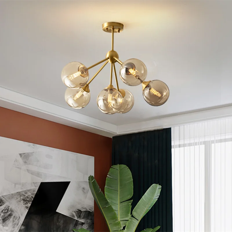 Люстра в скандинавском стиле светодиодная столовая коньячное стекло освещение