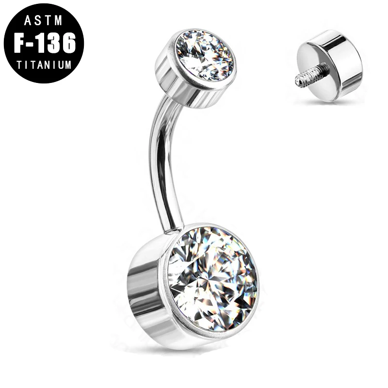 

ASTM F136 титановые кольца для пупка с круглым кубическим цирконием с внутренней резьбой, верхняя часть 14G, кольца для пупка