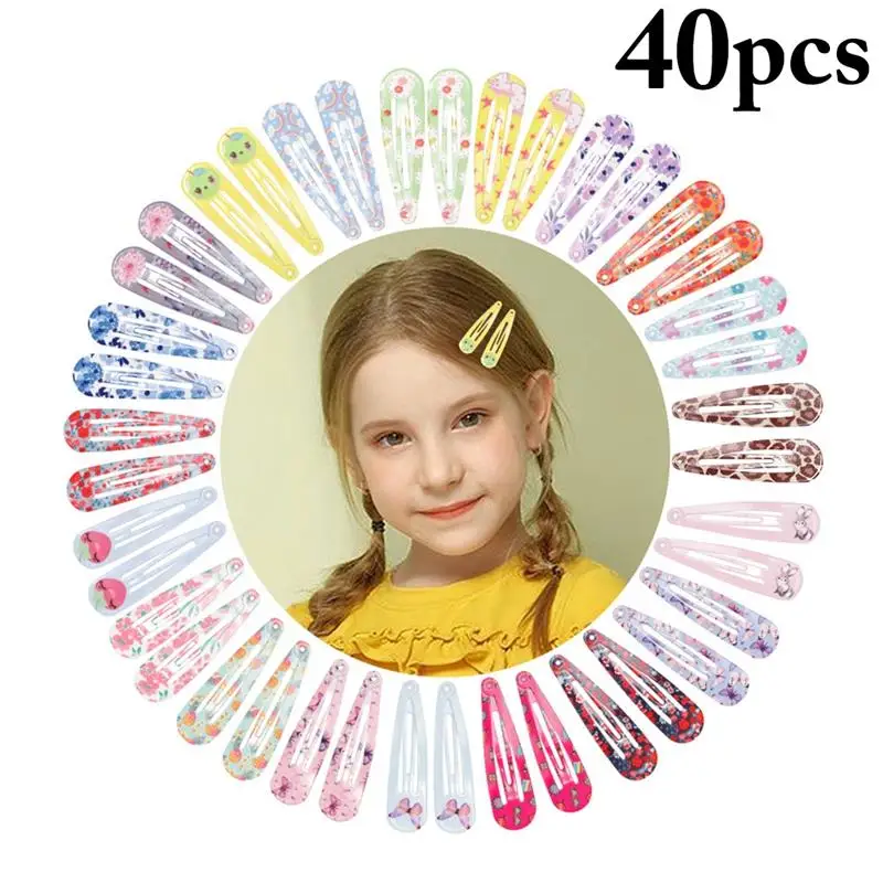 

40Pcs Hair Clip For Children 5cm Hair Pins Cute Cartoon Bunny Printed Snap Hairpin Metal Barrettes Bow Hair Accessories For Kids