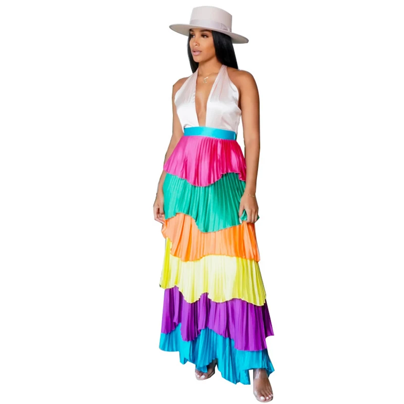 

Adogirl Cascading Ruffle Patchwork Maxi Pleated Cake Dress for Women Elegant Sexy Halter Lace Up Backless Long Beach Party Robe