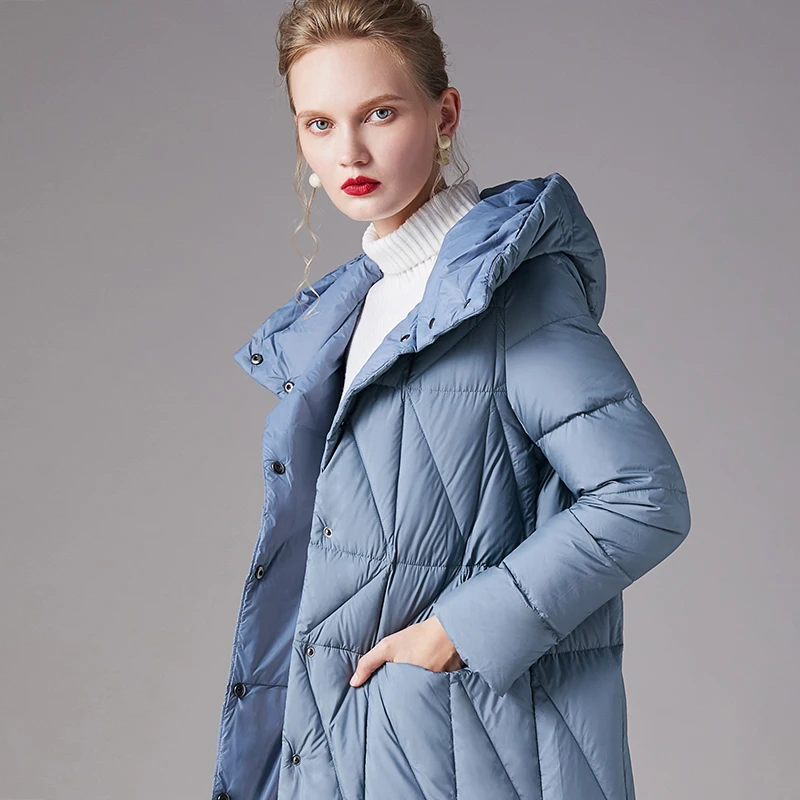 Blue Women Haze Winter Coat Color 90% White Duck Down Hooded Slim Warm Outwear Office Lady Long Wide-Waisted Female Parkas