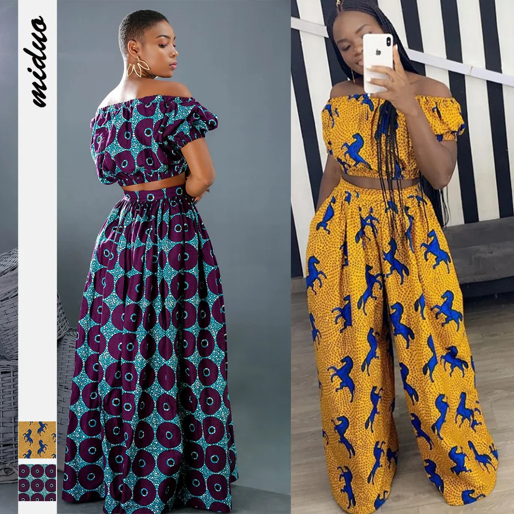 

Hot Sale Printed Women's Short Top Broad-legged Pants 2-piece Set Casual Sexy Plus Size American Clothing African Print