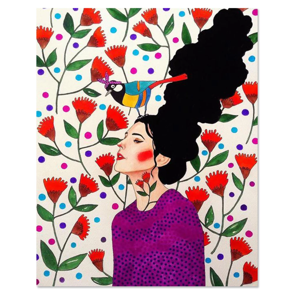 Абстрактная девочка Цветок Птица настенная живопись холст скандинавский постер