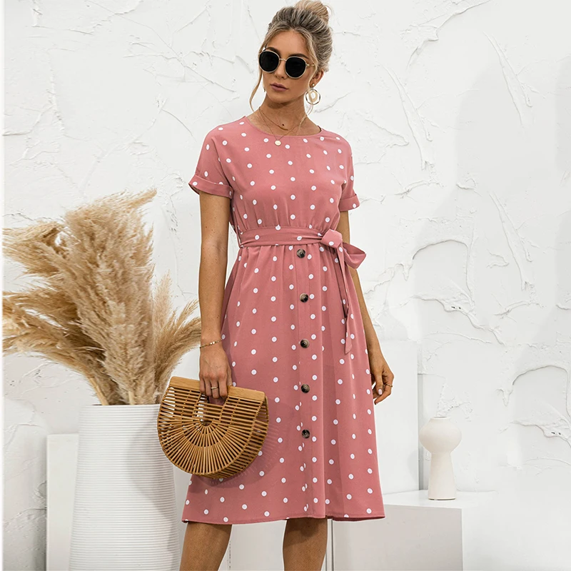 

Women Summer Elegant O-Neck Sundress With Belt Beach Dress Chiffon Dress Casual Short Sleeve Polka Dot Midi Dress Femme Vestidos