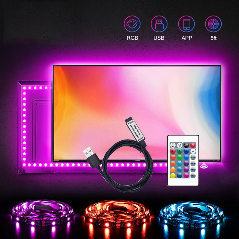 Светодиодная лента RGB для подсветки телевизора 24 клавиши USB 1/2/3/4/5 м | Лампы и