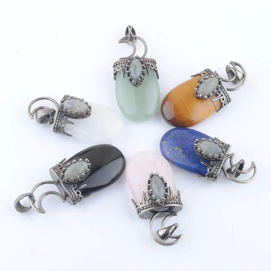 

Wholesale 5Pcs/Lot Natural Stone Crown Moon Pendants For Necklace Antique Silver Color Charm Jewelry Gift Hot Selling IBN417