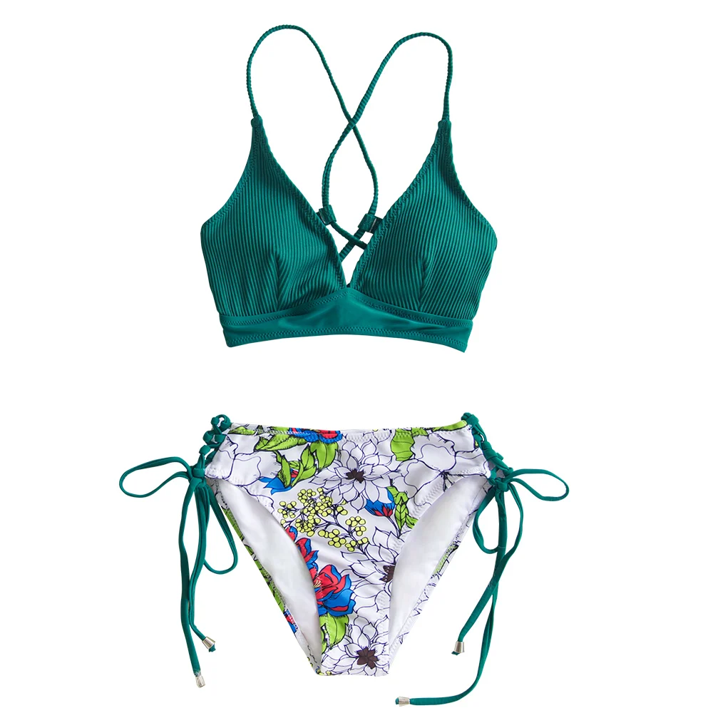AB10624G CUPSHE, сексуальные, синие, цветочные, на шнуровке, бикини, наборы, для женщин, бохо, v-образный вырез, два предмета, купальники,, для девушек, для пляжа, купальный костюм - Цвет: AB10624G