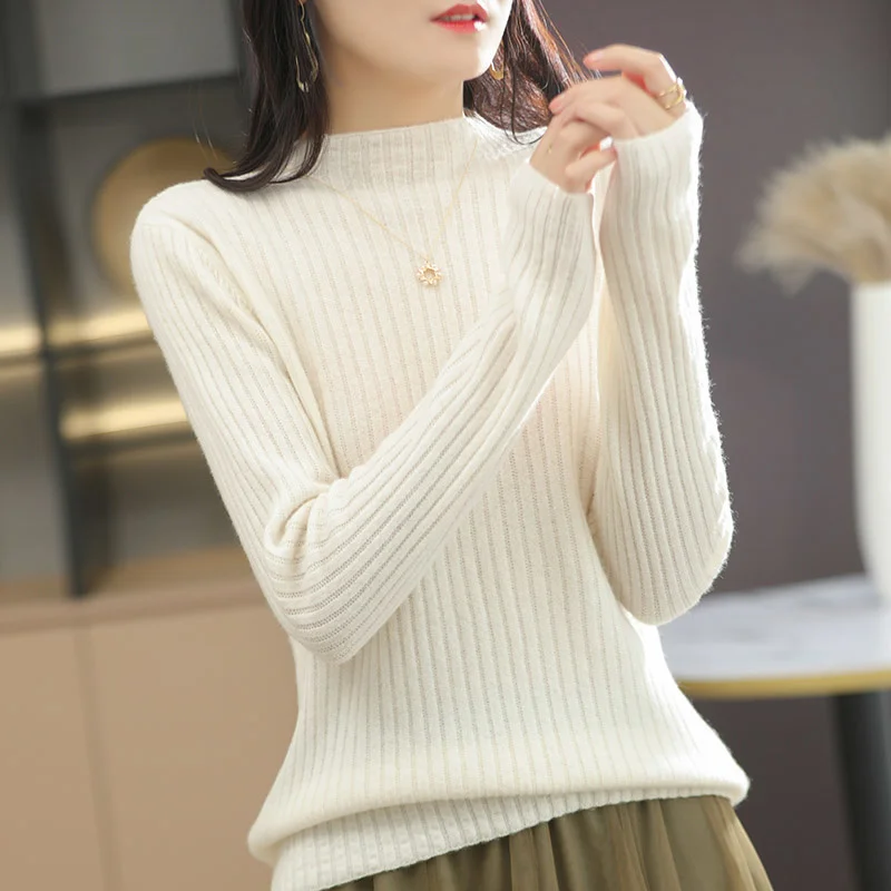 

Женский трикотажный пуловер с воротником-стойкой, из 100%-ной шерсти