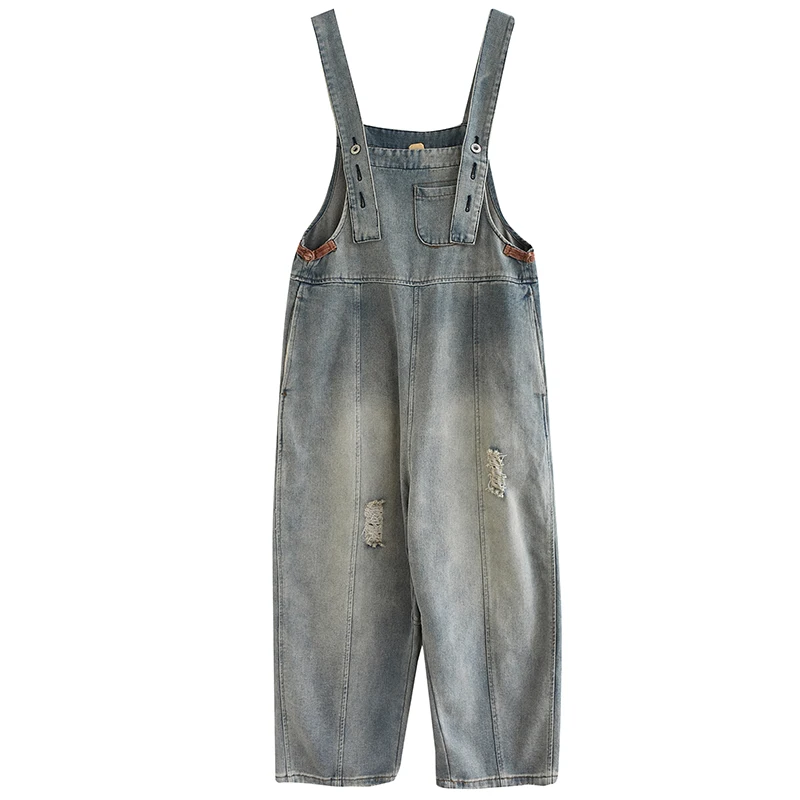 

2020 Early Autumn New Style Fat Girl Slimming Shoulder Strap Jeans Wool Tassel Ripped Jumpsuit Distressed Retro Harem Trousers