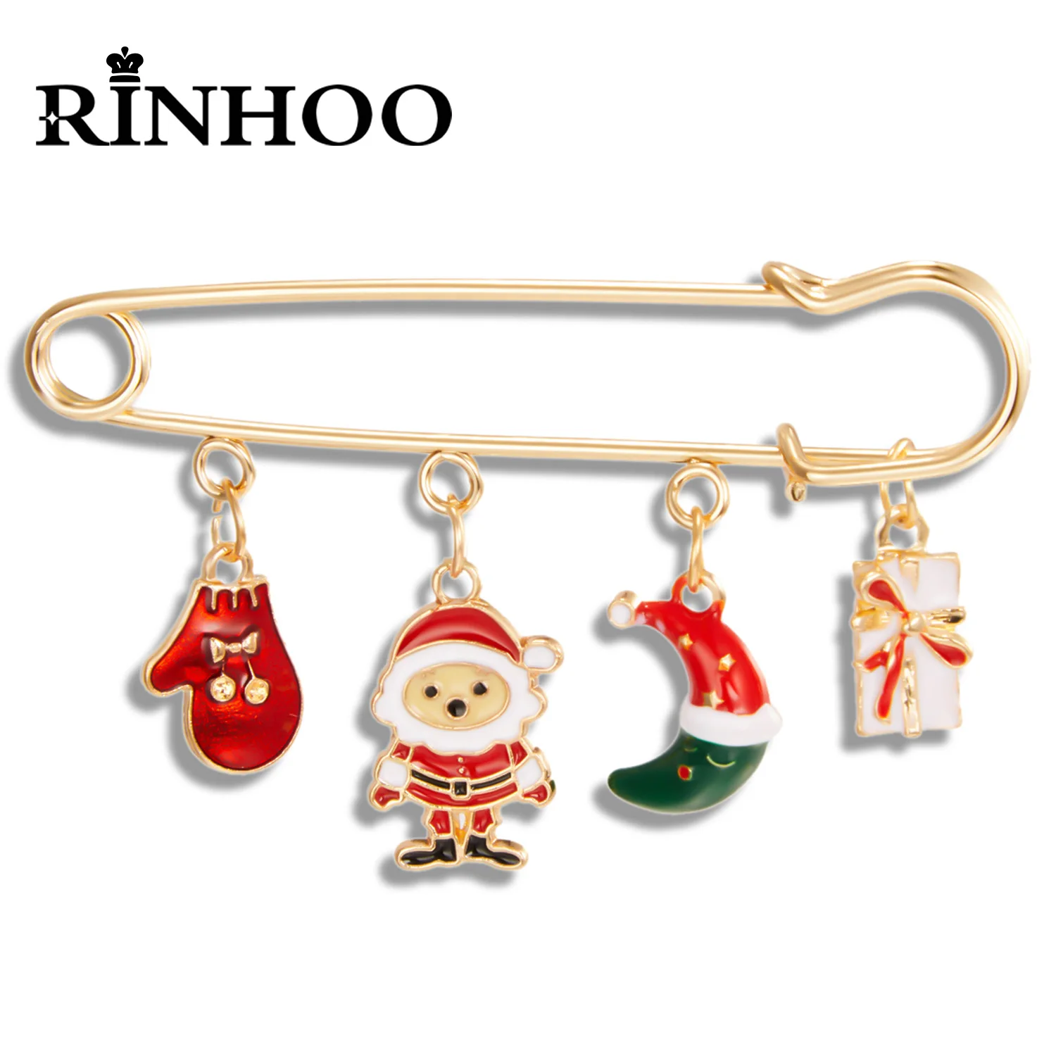 

Rinhoo Merry Christmas Brooches Xmas Gloves Santa Claus Moon Gift Box Pendant Big Needle Pins Enamel Badge New Year Party Gifts