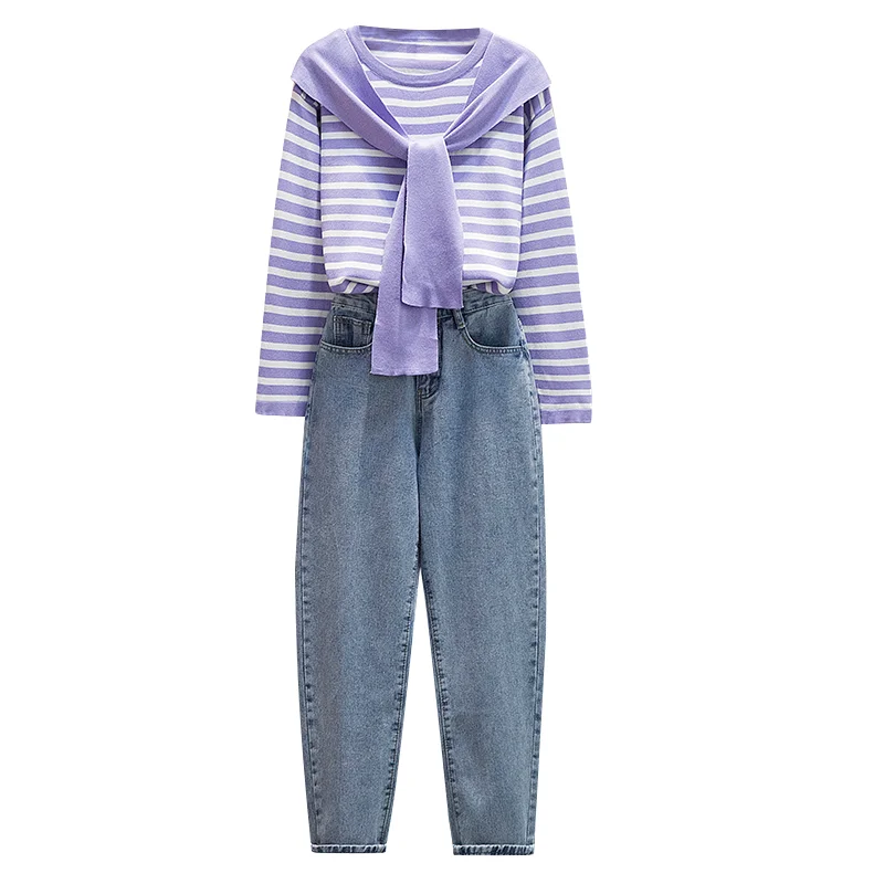 

ICHOIX Autumn New Arrivlas Women's Set Fashion Knitted Long Sleeve Strip Top+ Long Jean Pants Femal Purple Suit Street Wear Kit