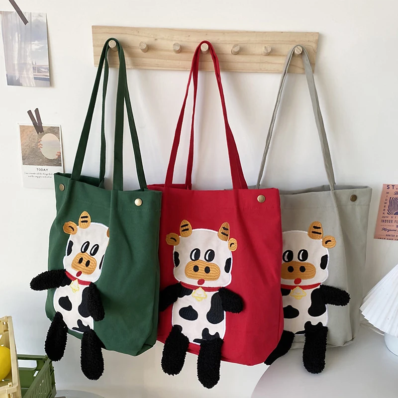 

Women Canvas Shopping Bag Ladies Cute Cartoon Three-dimensional Cow Shoulder Bag Girls Eco Handbag Reusable Grocery Shopper Bags