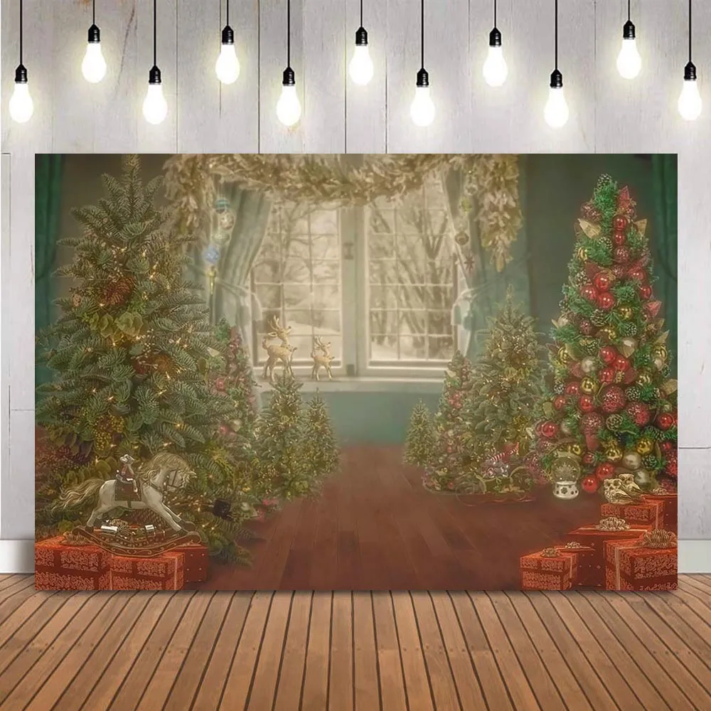 

Christmas windows portrait backdrop for photography studio red Christmas tree family party decoration photocall winter snow