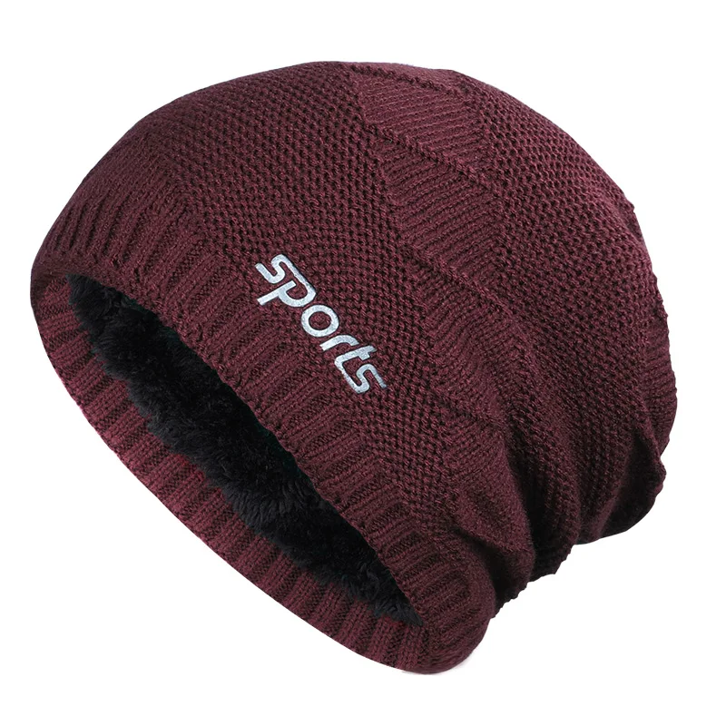 Wine-2 Новая модная зимняя мужская шапка, зимние женские шапки skullies, теплая утолщенная шапка, вязаная шапочка, комплект из 2 предметов, мужская шапка - Цвет: Wine-2