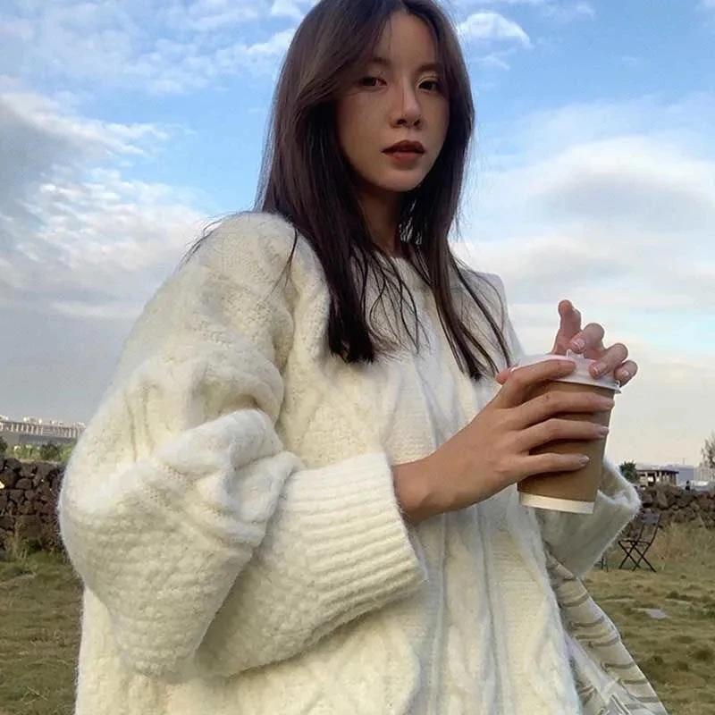 

Женский вязаный плотный пуловер, свитер на осень и зиму, Новый Свитер оверсайз, женские повседневные однотонные свободные свитера с длинным...