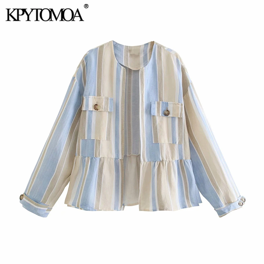 

KPYTOMOA Женская коллекция 2021 года, модная полосатая льняная открытая куртка, пальто, винтажная женская верхняя одежда с длинными рукавами, нак...